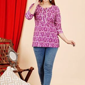 COTTON HTHRANG Women's Tunics Tops, Printed Short Kurtis for Jeans Indian Style Cotton Casual Kurta for Women Purple