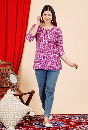 COTTON HTHRANG Women's Tunics Tops, Printed Short Kurtis for Jeans Indian Style Cotton Casual Kurta for Women Purple