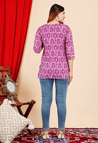 COTTON HTHRANG Women's Tunics Tops, Printed Short Kurtis for Jeans Indian Style Cotton Casual Kurta for Women Purple