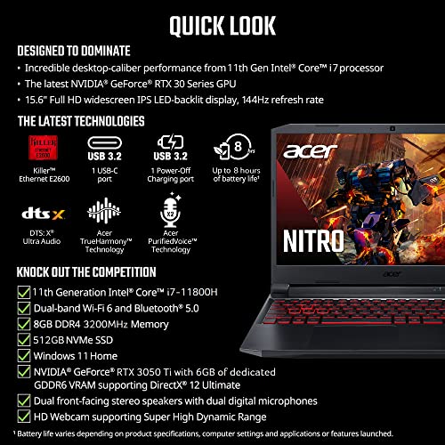 Acer Nitro 5 AN515-57 Gaming Laptop Intel Core i7-11800H NVIDIA RTX 3050 Ti 15.6" FHD 144Hz IPS Display 8GB DDR4 512GB NVMe SSD Killer Wi-Fi 6 Backlit Keyboard (Renewed)