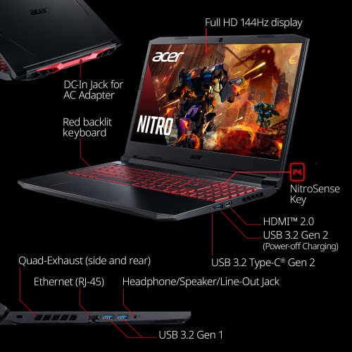 Acer Nitro 5 AN515-57 Gaming Laptop Intel Core i7-11800H NVIDIA RTX 3050 Ti 15.6" FHD 144Hz IPS Display 8GB DDR4 512GB NVMe SSD Killer Wi-Fi 6 Backlit Keyboard (Renewed)