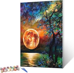 ginkko paint by numbers for adults beginner & kids ages 8-12 with wooden frame easy acrylic on canvas 9x12 inch with paints and brushes, moon(include framed)