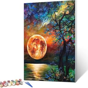 Ginkko Paint by Numbers for Adults Beginner & Kids Ages 8-12 with Wooden Frame Easy Acrylic on Canvas 9x12 inch with Paints and Brushes, Moon(Include Framed)