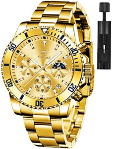 olevs gold watch for men classic with date business dress luxury big face male watch waterproof luminous pro diver mens wrist watch analog two tone stainless steel multifunction watch