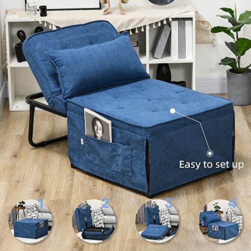 HOMCOM Ottoman Sofa Bed, 4 in 1 Multi-Function Button Tufted Folding Sleeper Chair Bed with Adjustable Backrest, Pillow, Side Pocket for Home Office, Bedroom, Living Room, Blue