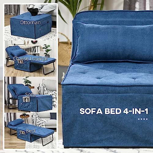 HOMCOM Ottoman Sofa Bed, 4 in 1 Multi-Function Button Tufted Folding Sleeper Chair Bed with Adjustable Backrest, Pillow, Side Pocket for Home Office, Bedroom, Living Room, Blue