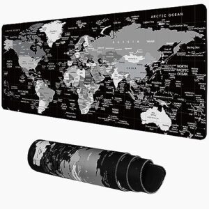 world map gaming mouse pad large mouse pad for desk,31.5 x 11.8inch waterproof desk mat extended desk pad xl,mousepad with 3mm anti-slip rubber base and stitched edge,keyboard and mouse pad black