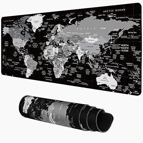 World Map Gaming Mouse Pad Large Mouse Pad for Desk,31.5 x 11.8inch Waterproof Desk Mat Extended Desk Pad XL,Mousepad with 3mm Anti-Slip Rubber Base and Stitched Edge,Keyboard and Mouse Pad Black