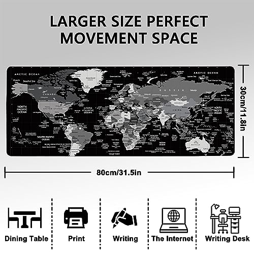 World Map Gaming Mouse Pad Large Mouse Pad for Desk,31.5 x 11.8inch Waterproof Desk Mat Extended Desk Pad XL,Mousepad with 3mm Anti-Slip Rubber Base and Stitched Edge,Keyboard and Mouse Pad Black
