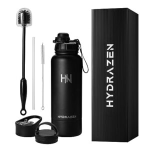 hydrazen black sports water bottle with storage -32 oz, 3 lids (straw lid, locking lid), cleaning brushes, double walled, vacuum insulated stainless steel, thermos, leak proof, flask water bottles