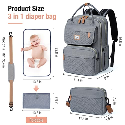 Tonyeee Diaper Bag Backpack- Removable Cross Body Bag,Travel Essentials Baby Bag with Changing Pad & Stroller Straps，Multi function Large Capacity, Waterproof and Stylish, Gray