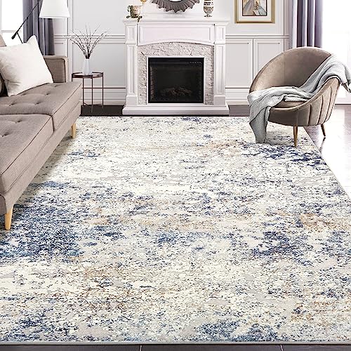 Area Rug Living Room Rugs - 5x7 Abstract Large Soft Indoor Washable Rug Neutral Modern Low Pile Carpet for Bedroom Dining Room Farmhouse Home Office - Beige Blue