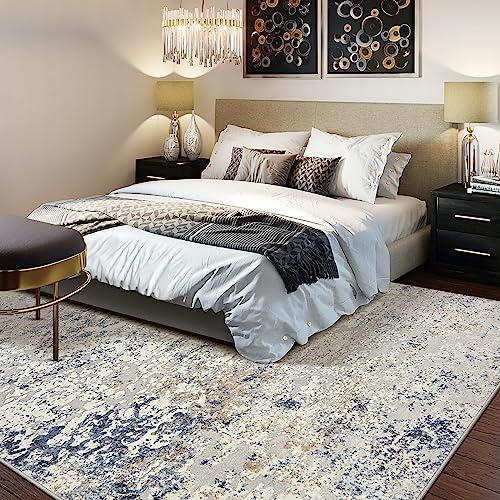 Area Rug Living Room Rugs - 5x7 Abstract Large Soft Indoor Washable Rug Neutral Modern Low Pile Carpet for Bedroom Dining Room Farmhouse Home Office - Beige Blue