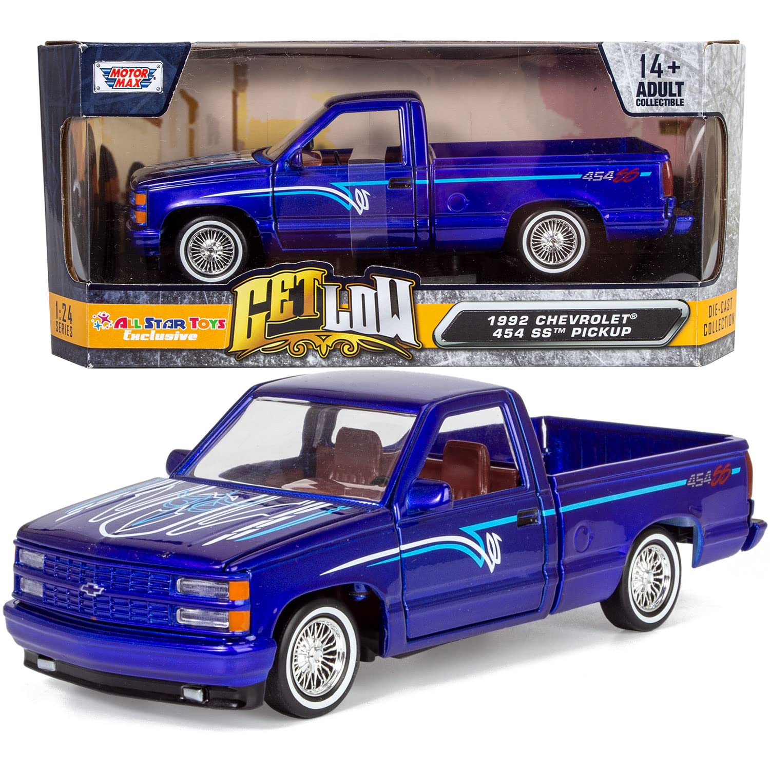 All Star Toys Motormax 1992 Chevy 454SS Pickup Lowrider Truck Candy Blue 1/24 Diecast Model Exclusive Get Low 79036