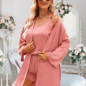 Aokosor Womens 3 Piece Silk Satin Pajamas Sets with Robe Baby Pink Loungewear Birthday Party Outfits L