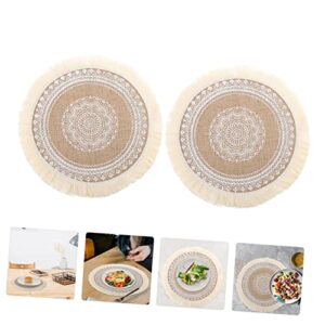 GARVALON 2pcs Tassel Cotton Linen Placemat Jute Placemat Desk Mat for Desktop Nordic Decor Rattan Coaster Pad Rustic Round Kitchen Placemat Personalized Coasters Placemats Tassel Placemats