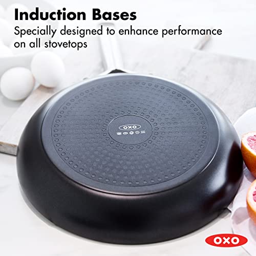 OXO Agility Series 10" Frying Pan Skillet, PFAS-Free Nonstick Lightweight Aluminum, Induction Base, Quick Even Heating, Stainless Steel Handles, Chip-Free Rims, Dishwasher & Oven Safe, Black