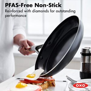 OXO Agility Series 10" Frying Pan Skillet, PFAS-Free Nonstick Lightweight Aluminum, Induction Base, Quick Even Heating, Stainless Steel Handles, Chip-Free Rims, Dishwasher & Oven Safe, Black