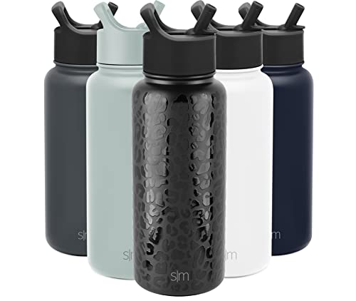 Simple Modern Water Bottle with Straw Lid Vacuum Insulated Stainless Steel Metal Thermos Bottles | Reusable Leak Proof BPA-Free Flask for Gym, Travel, Sports | Summit Collection | 32oz, Black Leopard