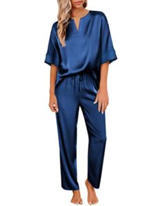ekouaer women's satin pajamas set soft short sleeve loungewear two piece silky long pant pjs set navy blue