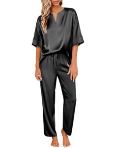 ekouaer silk pj set for women satin short sleeve pajamas long pant soft sleepwear silky pocktes loungewear black