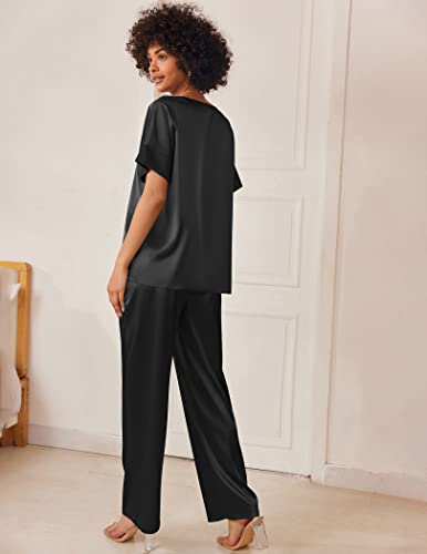 Ekouaer Silk Pj set for Women Satin Short Sleeve Pajamas Long Pant Soft Sleepwear Silky Pocktes Loungewear Black