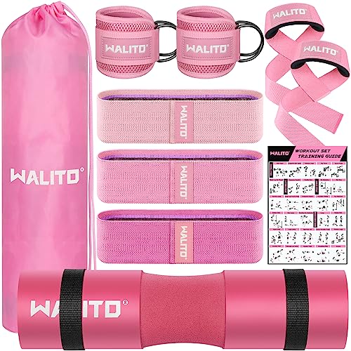 WALITO 10Pcs Barbell Pad Set for Hip Thrust - Squat Pad for Barbell Lunges, Bench Press, with 2 Gym Ankle Straps, 3 Resistance Bands for Working Out, 2 Lifting Strap, Workout Poster, Carry Bag