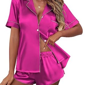 Ekouaer Womens Satin Silk Short Sleeve Button Down Top and Shorts Sleepwear Bridesmaid Pajamas Set Hot Pink Medium