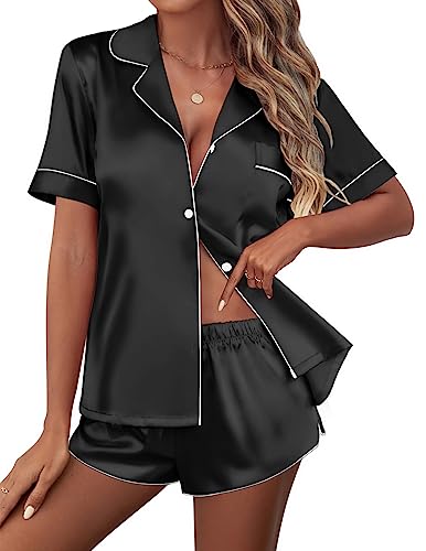 Ekouaer Womens Satin Silk Short Sleeve Button Down Top and Shorts Sleepwear Pajamas Set Black Small