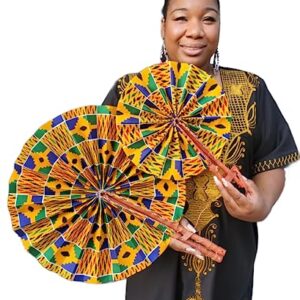 African Ankara Print Folding Fan - Large Handheld Fan for Church, Weddings, Decorative Wall, and More