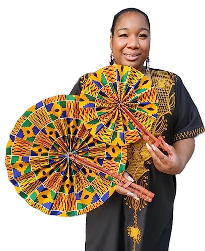 African Ankara Print Folding Fan - Large Handheld Fan for Church, Weddings, Decorative Wall, and More