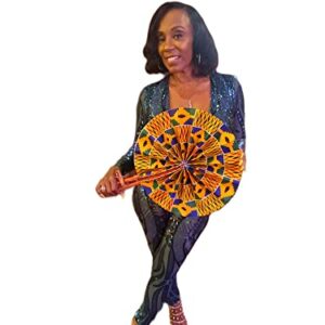 African Ankara Print Folding Fan - Large Handheld Fan for Church, Weddings, Decorative Wall, and More