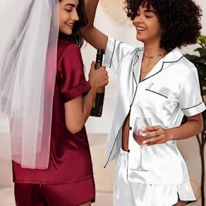 Ekouaer Womens Satin Silk Short Sleeve Button Down Top and Shorts Sleepwear Bridesmaid Pajamas Set White Medium