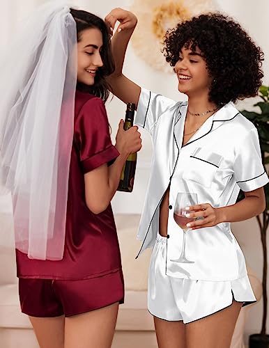 Ekouaer Womens Satin Silk Short Sleeve Button Down Top and Shorts Sleepwear Bridesmaid Pajamas Set White Medium