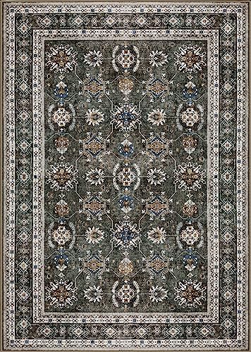 8x10 Area Rugs for Living Room: Large Machine Washable Rugs with Non-Slip Backing Non-Shedding Stain Resistant, Vintage Floral Carpet for Dining Room Bedroom Nursery Home Office - Gray/Black