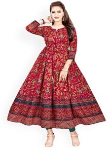 women's rayon sanganeri printed long anarkali kurti with tasseles (maroon, large)