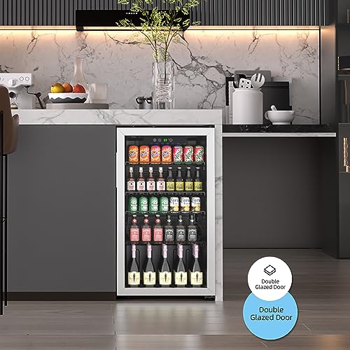 Erivess Compact Freestanding Beverage Refrigerator,126 Can Mini Fridge with Glass Front Door for Soda, Beer, or Wine, Under Counter Drink Dispenser with Adjustable Shelves and Digital Display