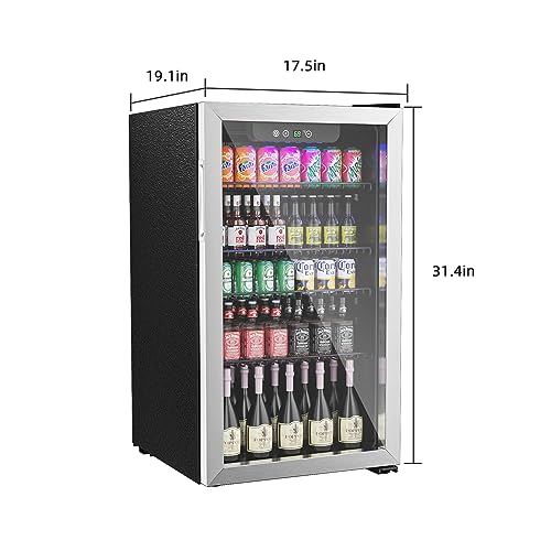 Erivess Compact Freestanding Beverage Refrigerator,126 Can Mini Fridge with Glass Front Door for Soda, Beer, or Wine, Under Counter Drink Dispenser with Adjustable Shelves and Digital Display