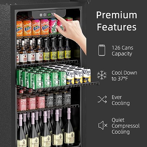 Erivess Compact Freestanding Beverage Refrigerator,126 Can Mini Fridge with Glass Front Door for Soda, Beer, or Wine, Under Counter Drink Dispenser with Adjustable Shelves and Digital Display