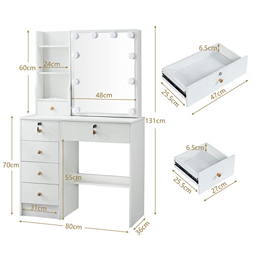 Vanity Set Dressing Table with Lighted Makeup Mirror and Charging Station, Vanity Table Desk with Lights & Storage Drawers and Stool for Bedroom,Girls Women