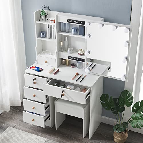 Vanity Set Dressing Table with Lighted Makeup Mirror and Charging Station, Vanity Table Desk with Lights & Storage Drawers and Stool for Bedroom,Girls Women