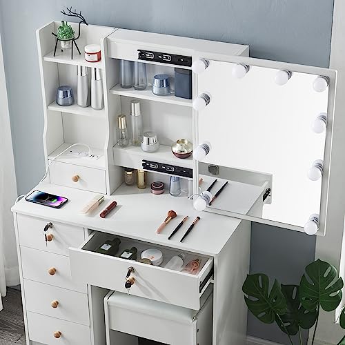 Vanity Set Dressing Table with Lighted Makeup Mirror and Charging Station, Vanity Table Desk with Lights & Storage Drawers and Stool for Bedroom,Girls Women