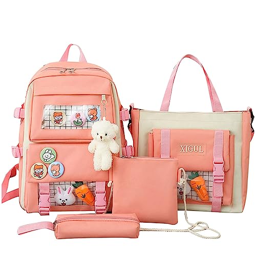 AG AGUU Kawaii Backpack with Pendants and Pins Accessories 4Pcs Sets Rucksack Bag for Women Aesthetic Canvas Daypacks(Pink)