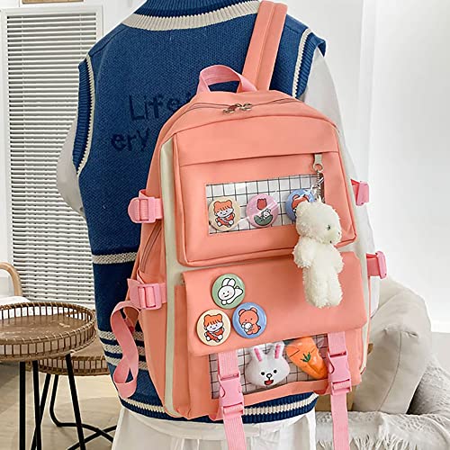 AG AGUU Kawaii Backpack with Pendants and Pins Accessories 4Pcs Sets Rucksack Bag for Women Aesthetic Canvas Daypacks(Pink)