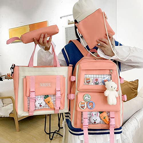 AG AGUU Kawaii Backpack with Pendants and Pins Accessories 4Pcs Sets Rucksack Bag for Women Aesthetic Canvas Daypacks(Pink)