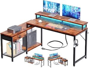 furologee l shaped computer desk with drawer, reversible corner desk/83 long desk with led lights & power outlets, home office gaming table with 2 shelves and monitor stand-(47.2+39.4) in