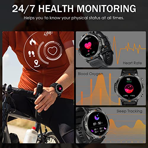 Military Smart Watch for Men with LED Flashlight 1.45” Rugged Waterproof Smart Watch with 100+ Sports Modes Fitness Tracker with Heart Rate Sleep Monitor Tactical Smartwatch for iPhone Samsung