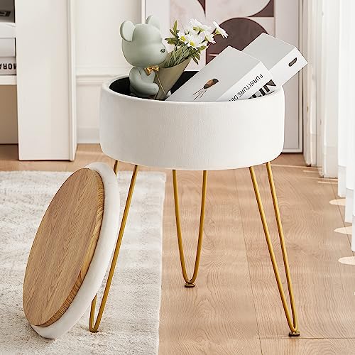 LUE BONA Velvet Vanity Stool Chair for Makeup Room, Beige Round Storage Ottoman, Stool for Vanity with Gold Legs, 19” Vanity Chair, Ottoman Makeup Vanity Stool Chair for Vanity, Living Room,Bedroom