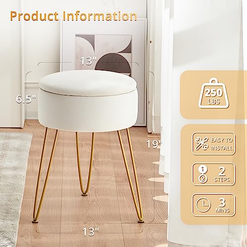 LUE BONA Velvet Vanity Stool Chair for Makeup Room, Beige Round Storage Ottoman, Stool for Vanity with Gold Legs, 19” Vanity Chair, Ottoman Makeup Vanity Stool Chair for Vanity, Living Room,Bedroom