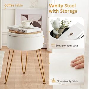 LUE BONA Velvet Vanity Stool Chair for Makeup Room, Beige Round Storage Ottoman, Stool for Vanity with Gold Legs, 19” Vanity Chair, Ottoman Makeup Vanity Stool Chair for Vanity, Living Room,Bedroom